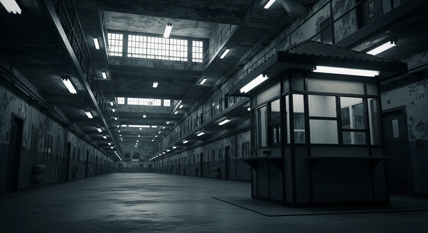 An empty guard station in a dimly lit, abandoned corridor of a Russian prison facility highlights the severe staffing crisis within the federal penitentiary system.