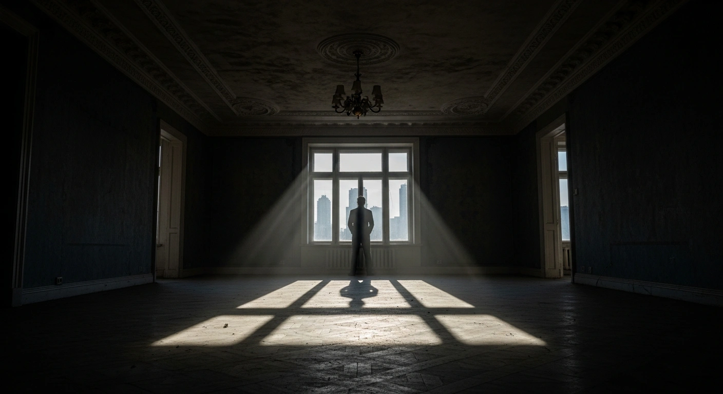 A starkly empty apartment with cold light streaming through a window, where a silhouetted figure stands, symbolizing Russian authorities' increasing property confiscations and asset seizures in criminal cases to finance the war against Ukraine.