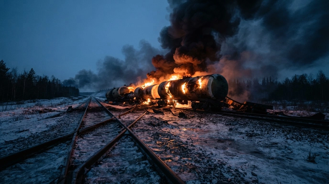 Burning oil tank cars sit on a damaged Russian railway track following an alleged insurgent attack.