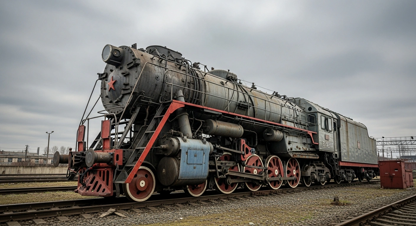 A large, stationary, and rusting Russian locomotive sits in a desolate railway yard under dim, overcast light, symbolizing the severe financial distress of Russian Railways (RZD) due to war, sanctions, and over $50 billion in debt.