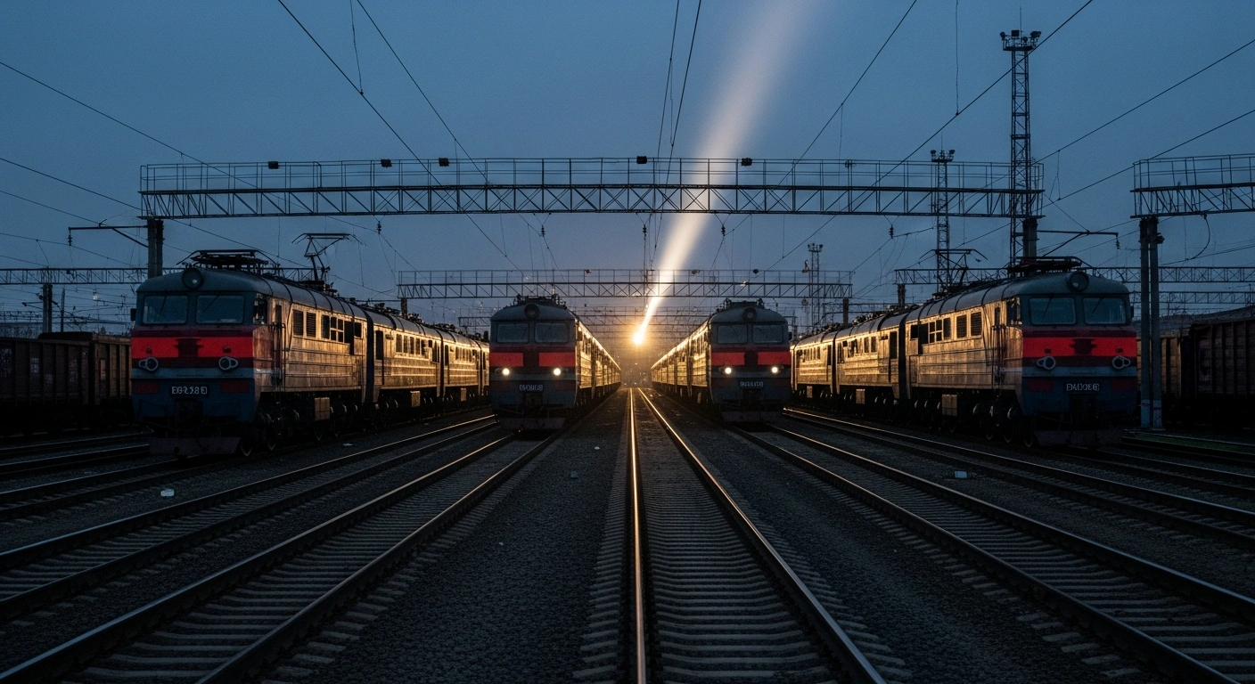 A wide, low-angle shot of a sprawling Russian railway depot at twilight, showing colossal locomotives and tracks under heavy shadows, symbolizing the 4 trillion ruble debt faced by Russian Railways, with a beam of light hinting at government rescue options to stabilize the enterprise.