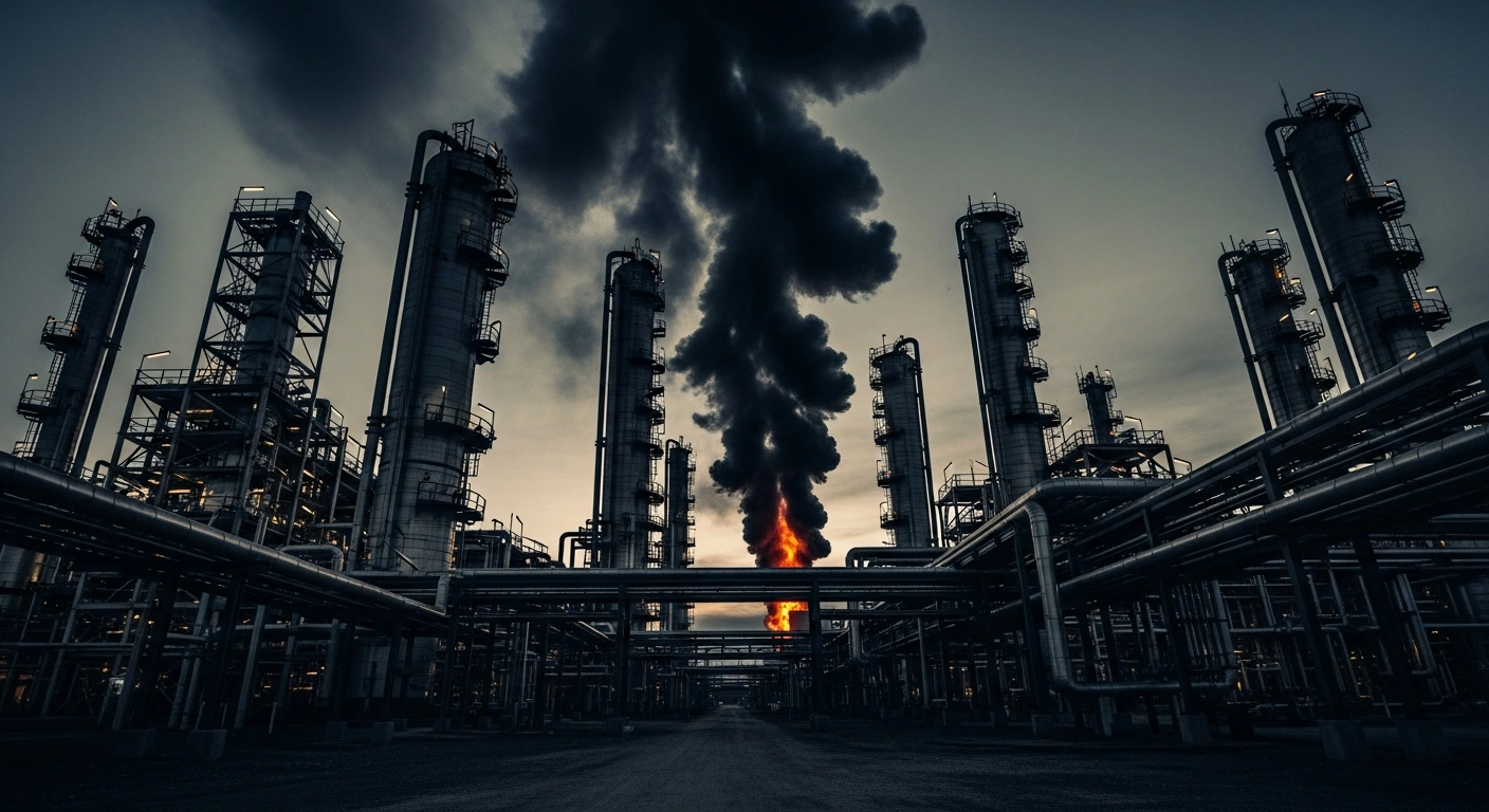 A damaged Lukoil oil refinery in Russia emits smoke after being targeted by a drone strike.