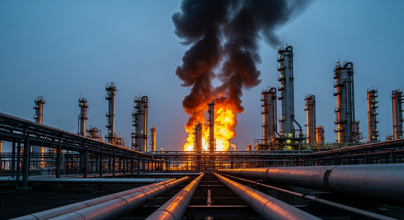A burning Russian oil refinery damaged by drone strikes emits thick black smoke into the sky, signaling a major disruption to domestic gasoline production.