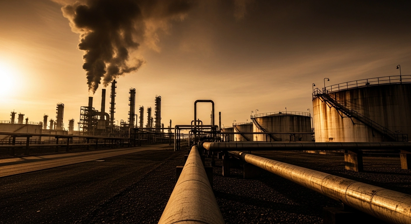 A large industrial oil refinery in Russia emits smoke following drone strikes, highlighting concerns over domestic fuel production and export bans.