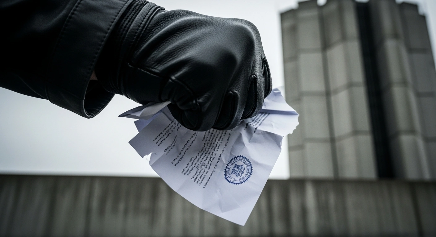 A heavy, gloved hand crushes a crumpled document with a visible seal against a backdrop of an imposing brutalist concrete wall, symbolizing Russia's dismissal of a US-proposed peace plan for Ukraine and its demand for military victory.