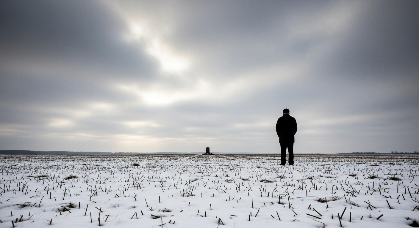 A somber, snow-covered field under a grey sky, with a lone, silhouetted figure standing in remembrance of the victims of the Nazi genocide against Soviet people during the Great Patriotic War, as designated by the Russian Federation's new law.