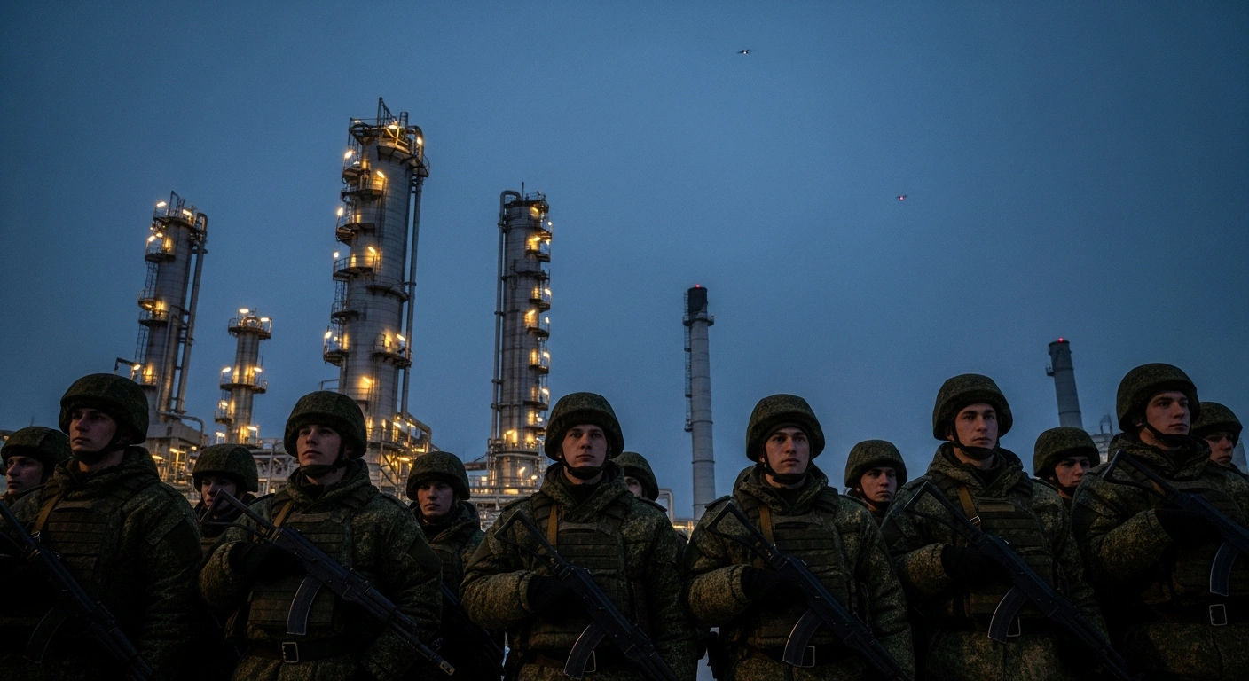 Russian reservists stand guard in front of a strategic oil facility at twilight, their vigilance heightened by the distant blinking light of a potential drone, reflecting the ongoing efforts to protect energy infrastructure from increasing aerial threats.
