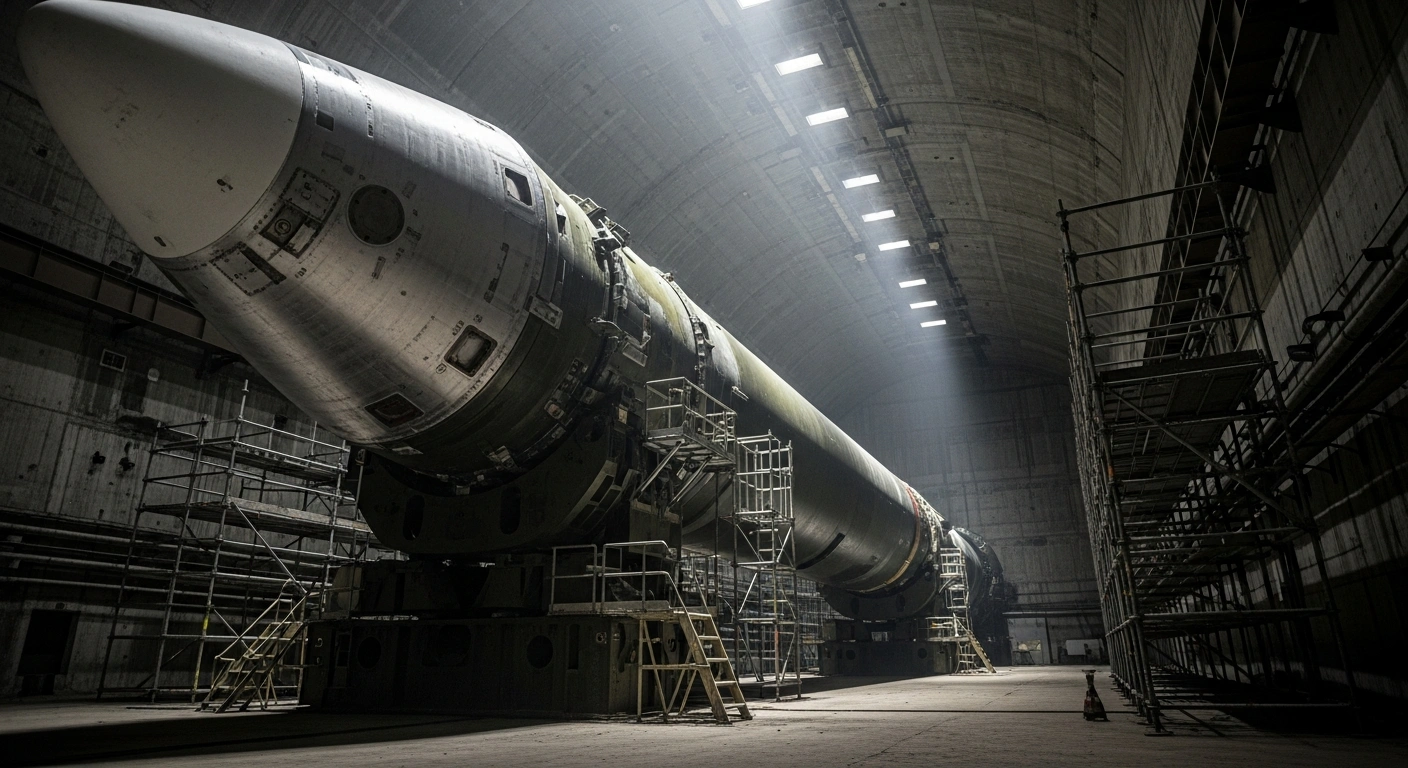 A large RS-28 Sarmat intercontinental ballistic missile sits stationary inside a dark industrial silo, representing the development delays of the Russian nuclear program.