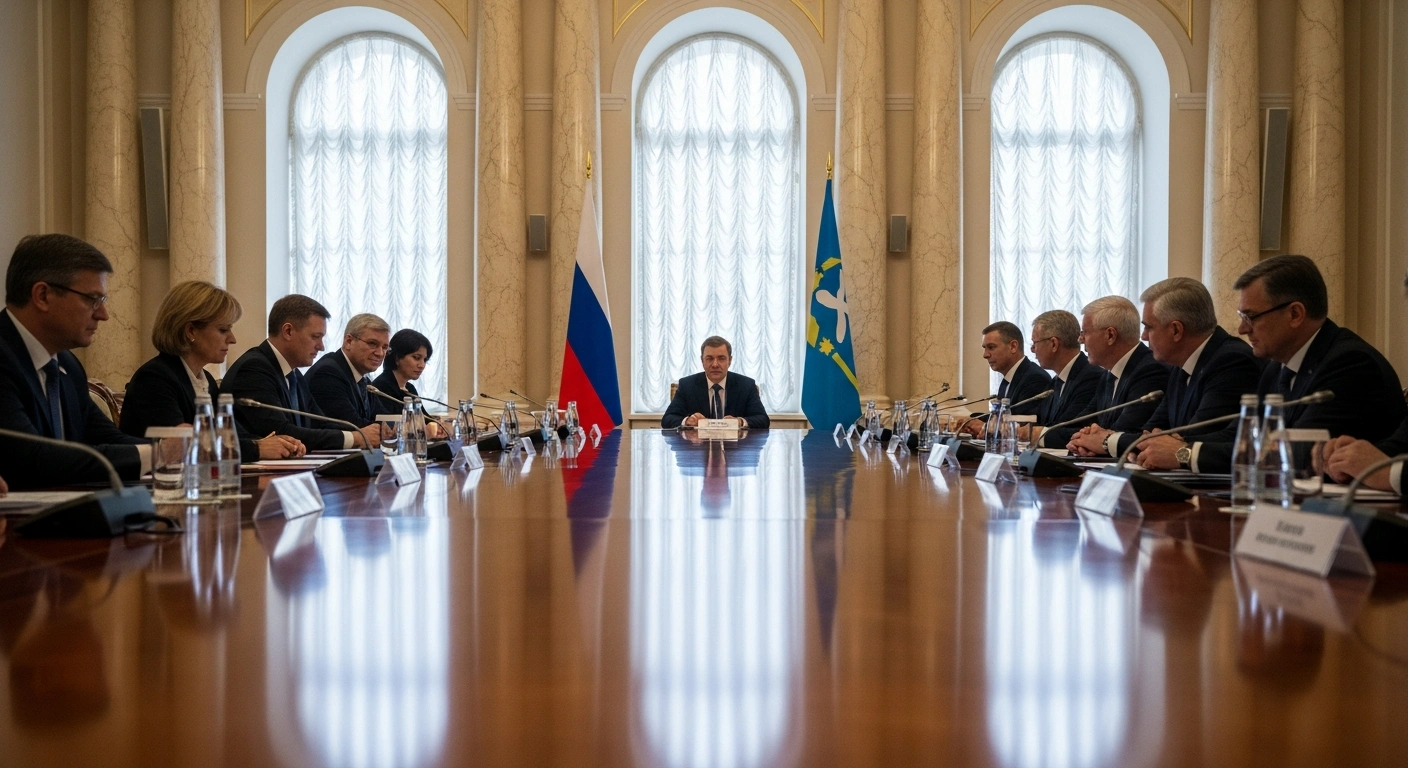 Russian Prime Minister Mikhail Mishustin chairs the Shanghai Cooperation Organization (SCO) Heads of Government Council Meeting in a grand Moscow conference room, surrounded by international delegates, marking the conclusion of Russia's chairmanship and discussions on economic, trade, and humanitarian cooperation.