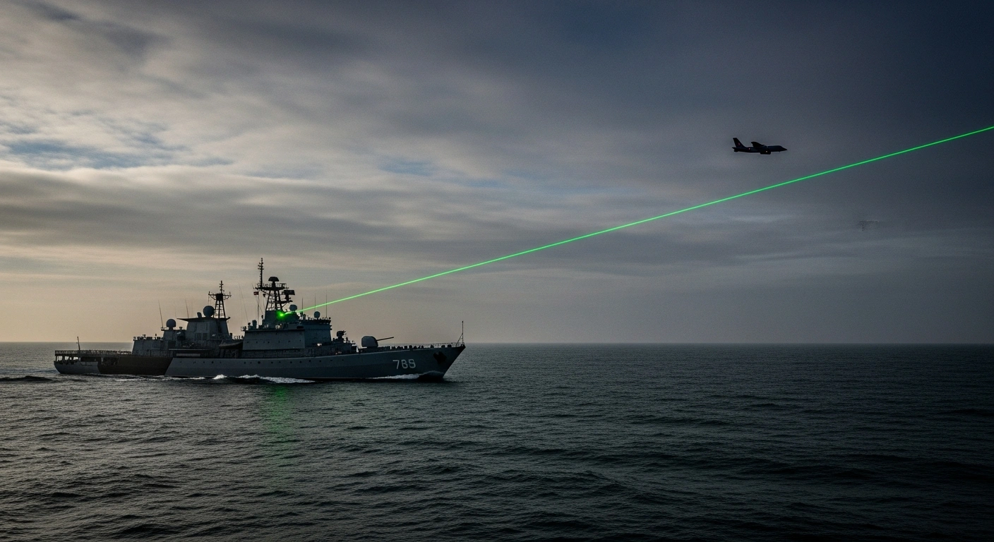 A Russian Navy intelligence-gathering ship, the 'Yantar', emits a vivid green laser beam towards a distant Royal Air Force aircraft under a stormy, twilight sky over the North Sea north of Scotland.