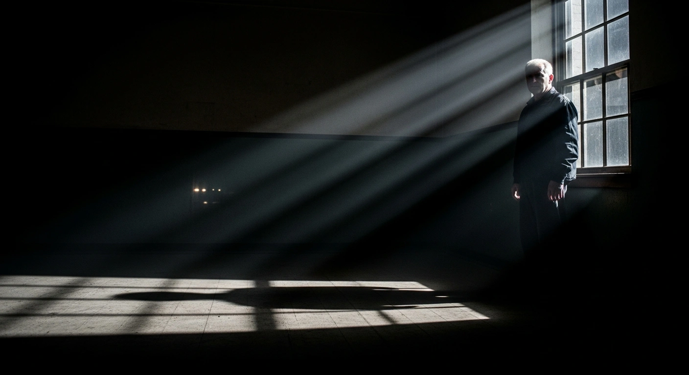 A solitary man, representing Russian opposition politician Lev Shlosberg, stands by a grimy window in a dimly lit, sparsely furnished room, with stark shadows resembling prison bars cast across the floor, symbolizing the new criminal case initiated by Russian authorities in Pskov for 'spreading false information about the Armed Forces' amidst a broader crackdown on dissent.