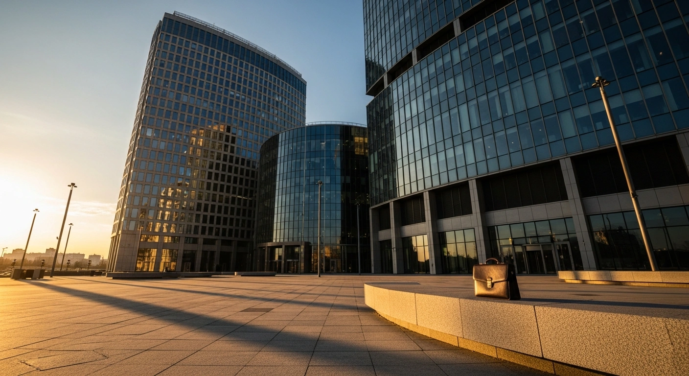 A modern office building in Moscow represents the Russian State Duma's new tax legislation for small and medium-sized enterprises.