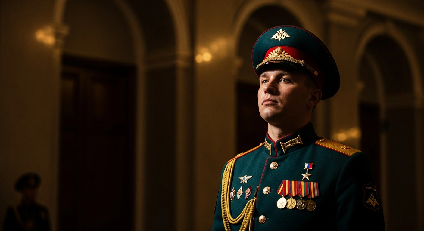 A decorated Russian soldier stands in a formal hall while being honored for his distinguished military service.