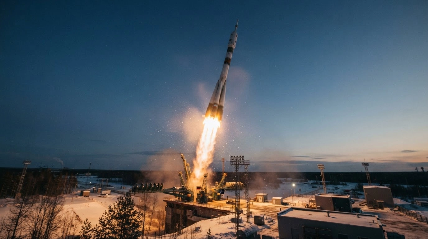 A Soyuz-2.1b carrier rocket launches a military satellite into orbit from the Plesetsk Cosmodrome in Russia.