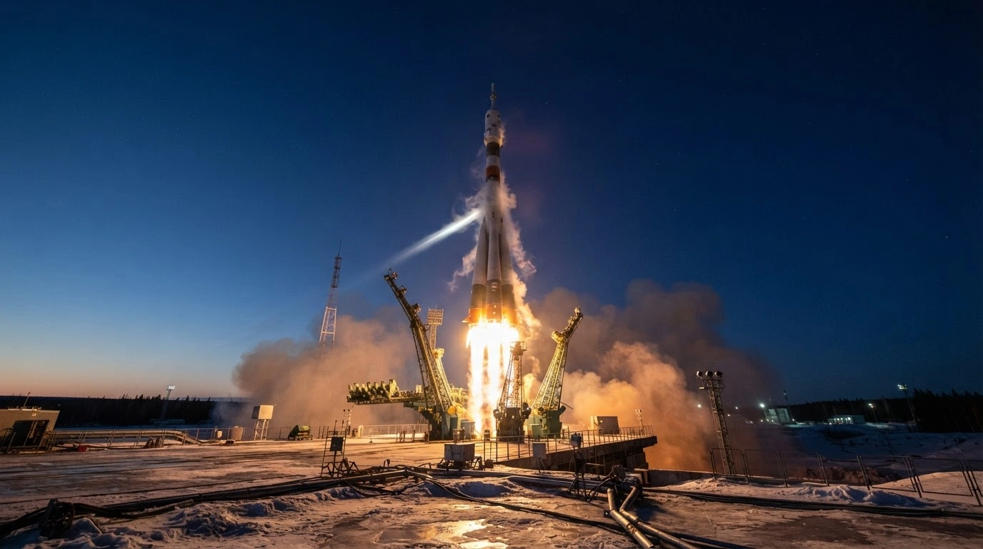 A Russian Soyuz-2.1b carrier rocket launches into orbit from the Plesetsk Cosmodrome during a military space mission.