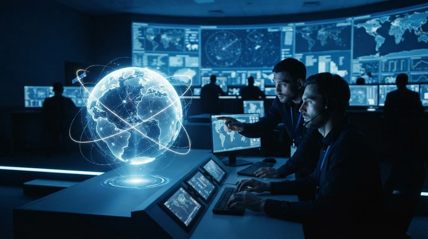 A Russian aerospace command center monitors orbital assets and satellite trajectories on a large digital display to ensure national security.