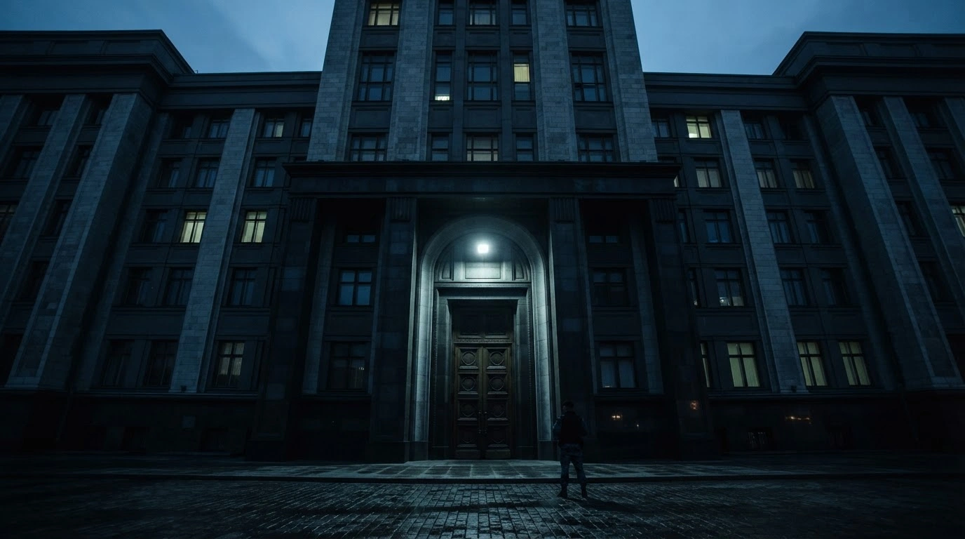 The exterior of a government building in Russia stands under dim lighting during the 2021 State Duma parliamentary elections.