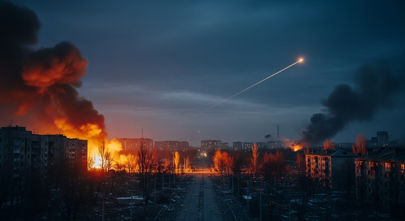 A wide, cinematic view of a Ukrainian city at night, showing smoke rising from damaged buildings and debris on streets, representing the widespread Russian attacks across Ukraine on February 23, 2026, which killed four and injured 26, hitting Odesa, Zaporizhzhia, Donetsk, Kherson, and Dnipropetrovsk Oblasts with drones and a ballistic missile.