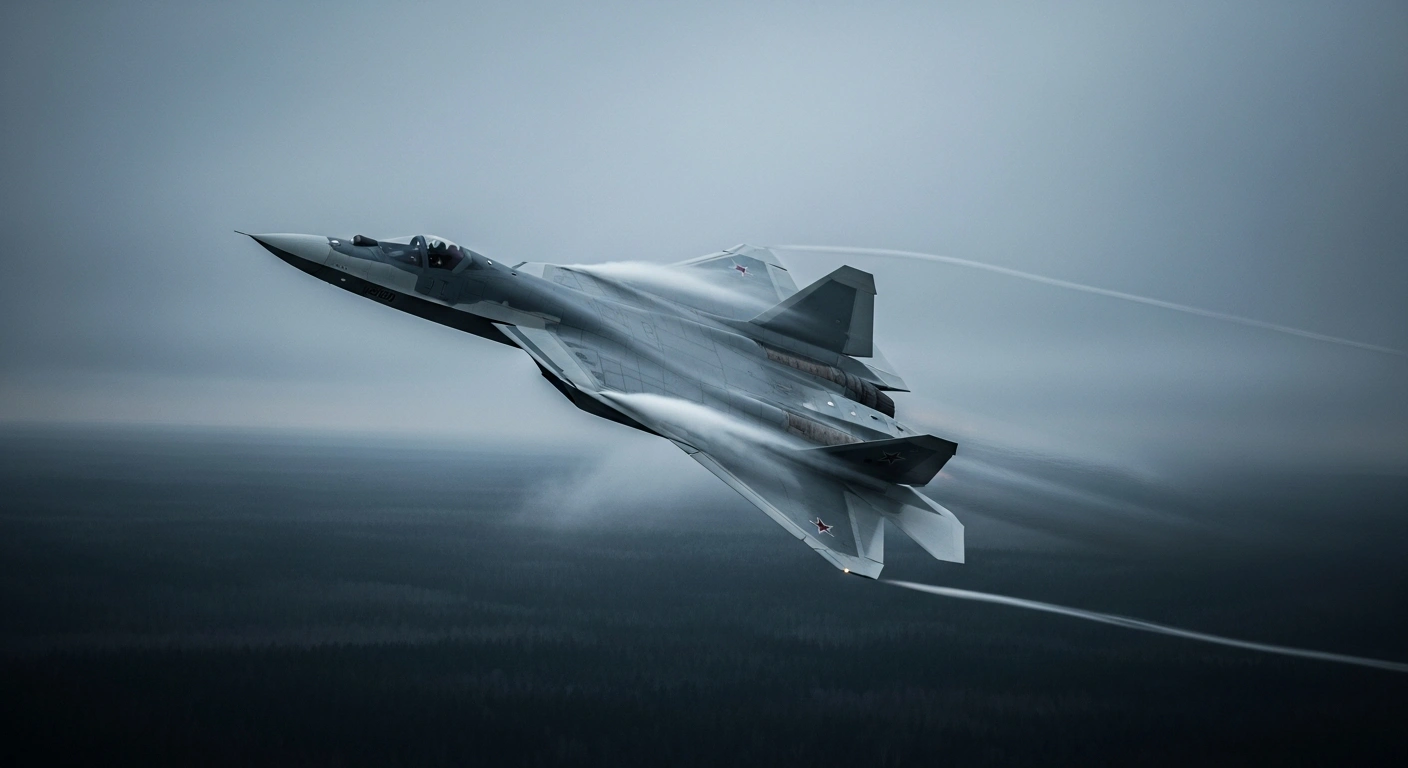 A Russian Su-57 fighter jet flies through a cloudy sky over the Moscow Oblast region during an investigation into an aviation incident.