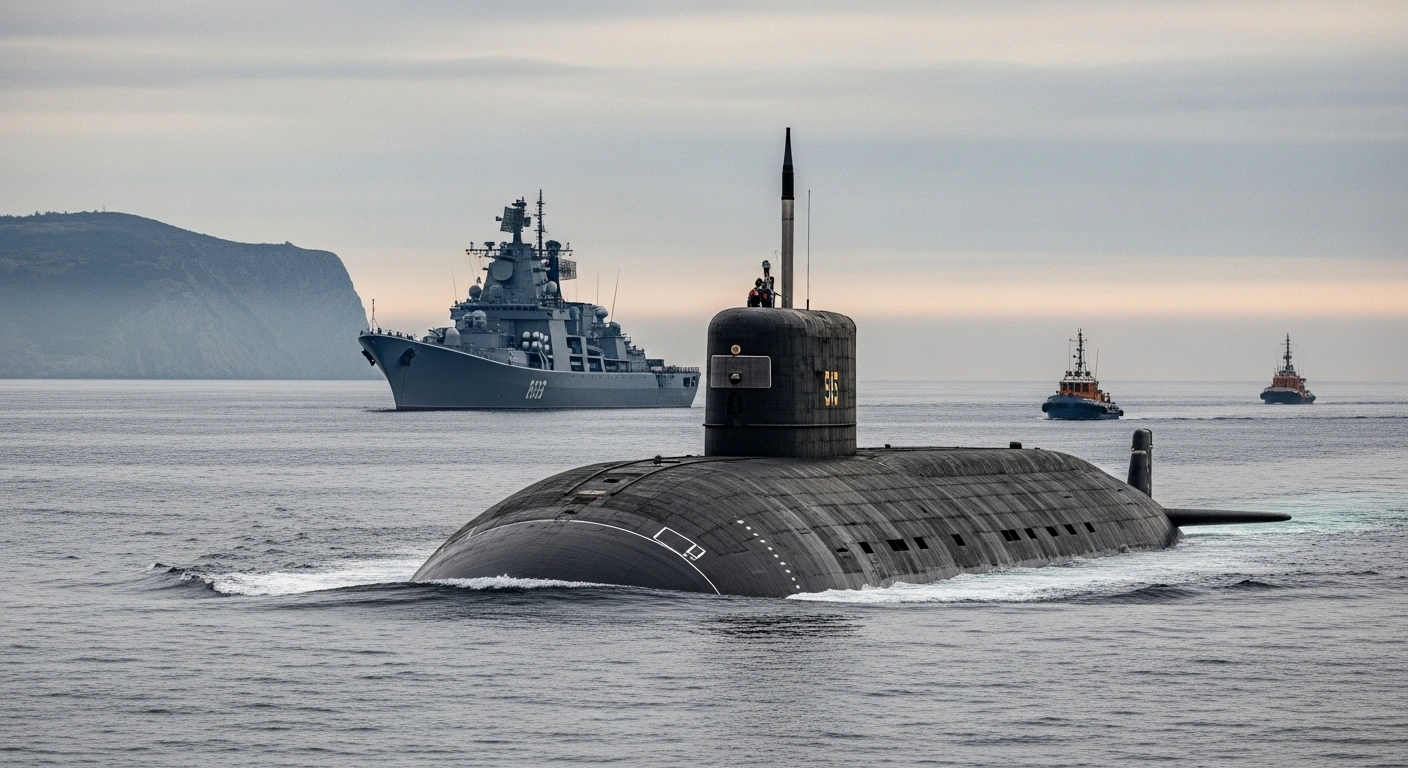 A Russian Navy Borei-class ballistic missile submarine is partially surfaced, escorted by the RFS Varyag cruiser and a rescue tug, as they transit the La Perouse Strait near Japan.