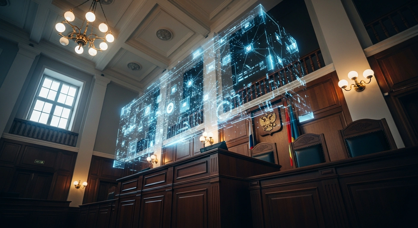 A glowing digital network representing artificial intelligence hovers over a traditional courtroom bench at the Supreme Court of the Russian Federation.
