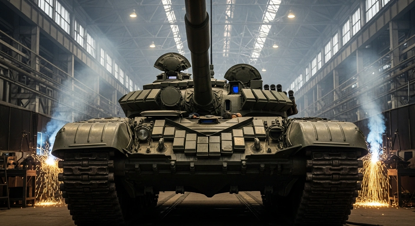 A modernized Russian T-72A main battle tank, featuring new Relikt explosive reactive armor, is depicted in an industrial factory setting, reflecting the ongoing upgrade program at Uralvagonzavod to the T-72B3M standard.