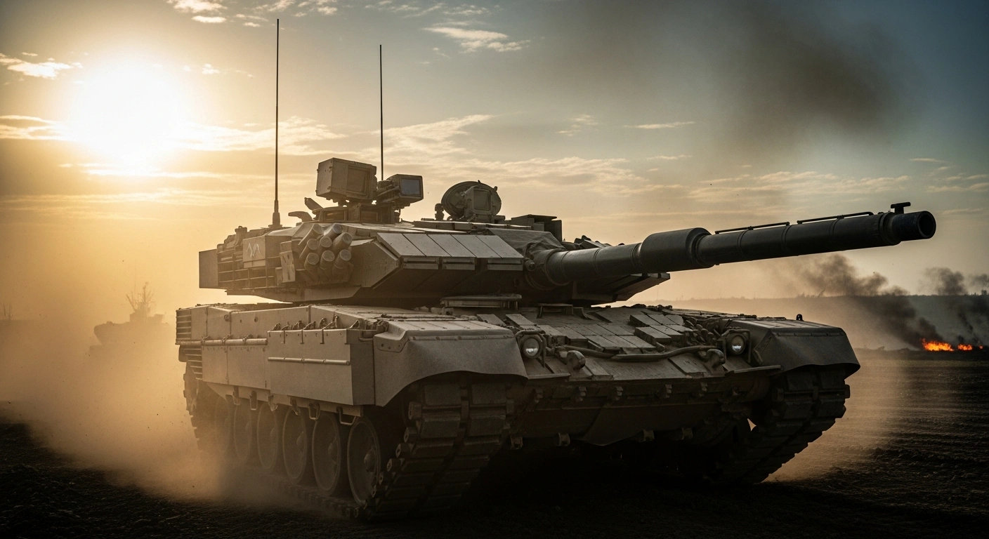A Russian main battle tank equipped with the Arena-M active protection system navigates a battlefield to defend against drone threats.