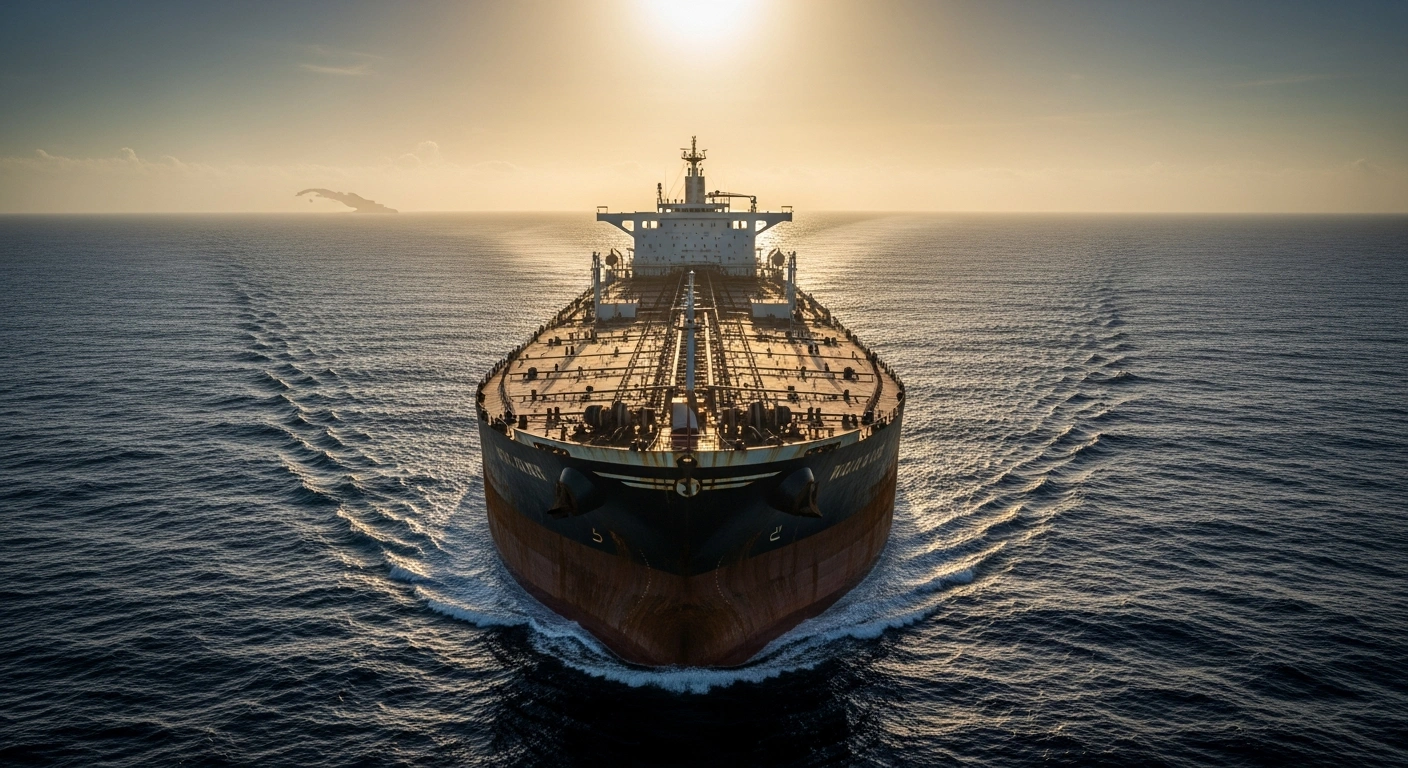A large Russian-flagged oil tanker sails across the ocean toward the Cuban coastline during a sunset.