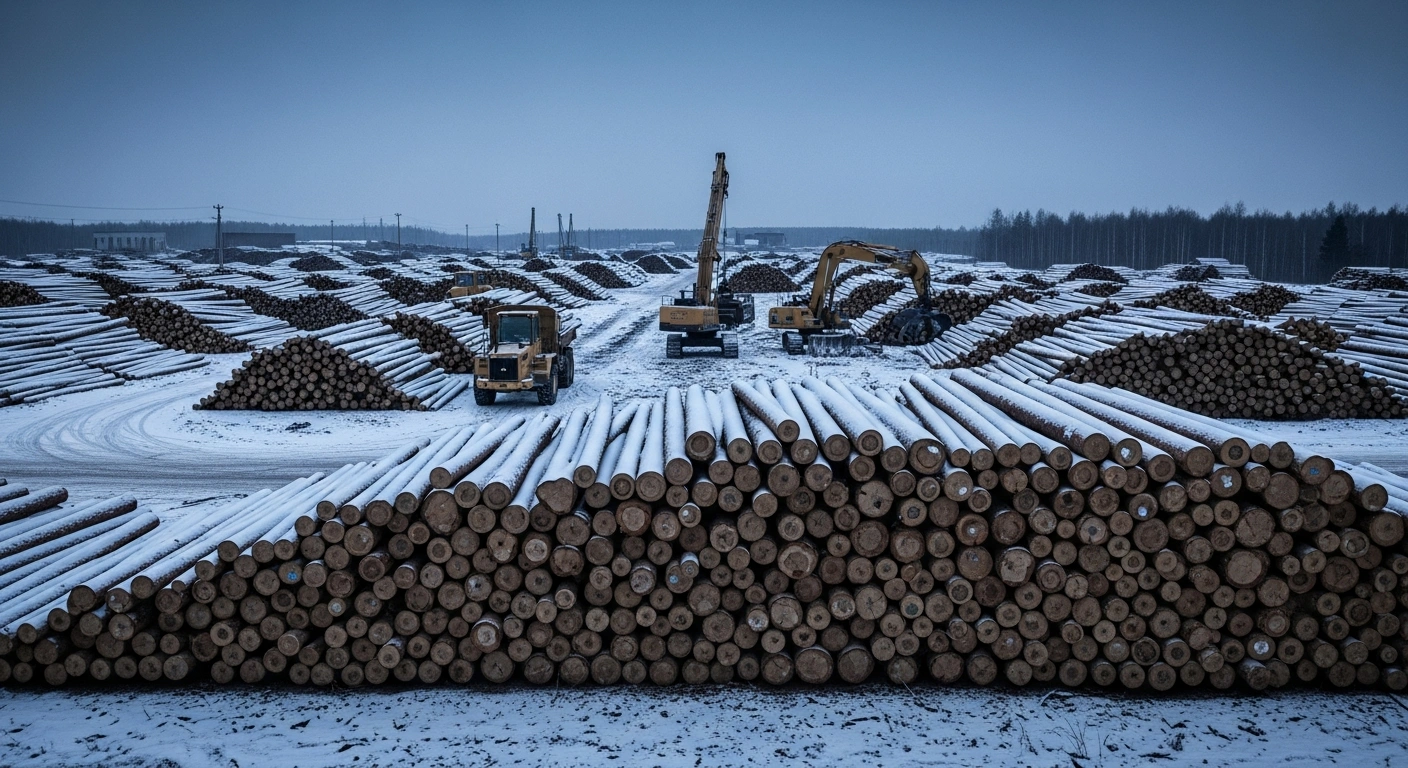 A vast, quiet timber yard in Russia filled with stacks of logs represents the decline in timber exports to China due to economic sanctions and a property market downturn.