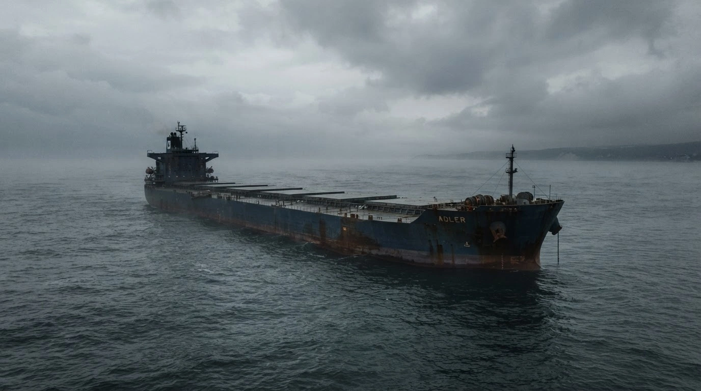 A large cargo ship sits idle in the Black Sea, representing the decline in Russian exports to Turkey due to shipping disruptions.