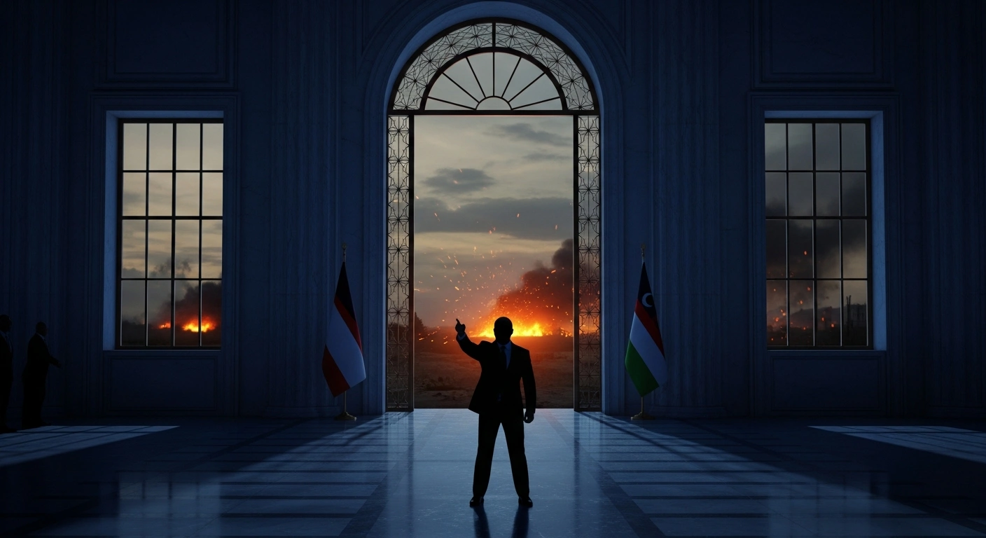 A wide-angle photograph depicts a grand, imposing hall illuminated by cold blue light, where a silhouetted figure gestures authoritatively. Through a large window, the distant, fiery glow of ongoing conflict is visible under a twilight sky, symbolizing the unconfirmed claims by Russian President Vladimir Putin of Russian forces capturing Pokrovsk and Vovchansk, while Ukrainian officials report continued fighting and peace talks are underway in Moscow.