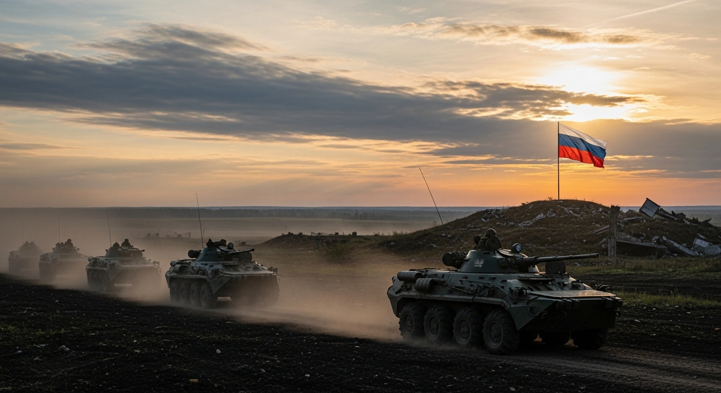 A wide, cinematic shot depicts a column of Russian armored vehicles moving across a desolate, war-scarred Ukrainian plain at sunset, with a newly planted Russian flag on a rubble-strewn hill in the mid-ground, symbolizing recent territorial gains in Donetsk and Zaporizhzhia Oblasts and continued pressure on Pokrovsk.
