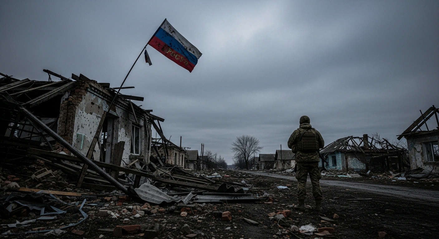 A desolate, war-torn eastern Ukrainian village is depicted at dusk, with a tattered Russian flag flying from a makeshift pole on a ruined building, symbolizing the contested claims of territorial capture by Russian forces.