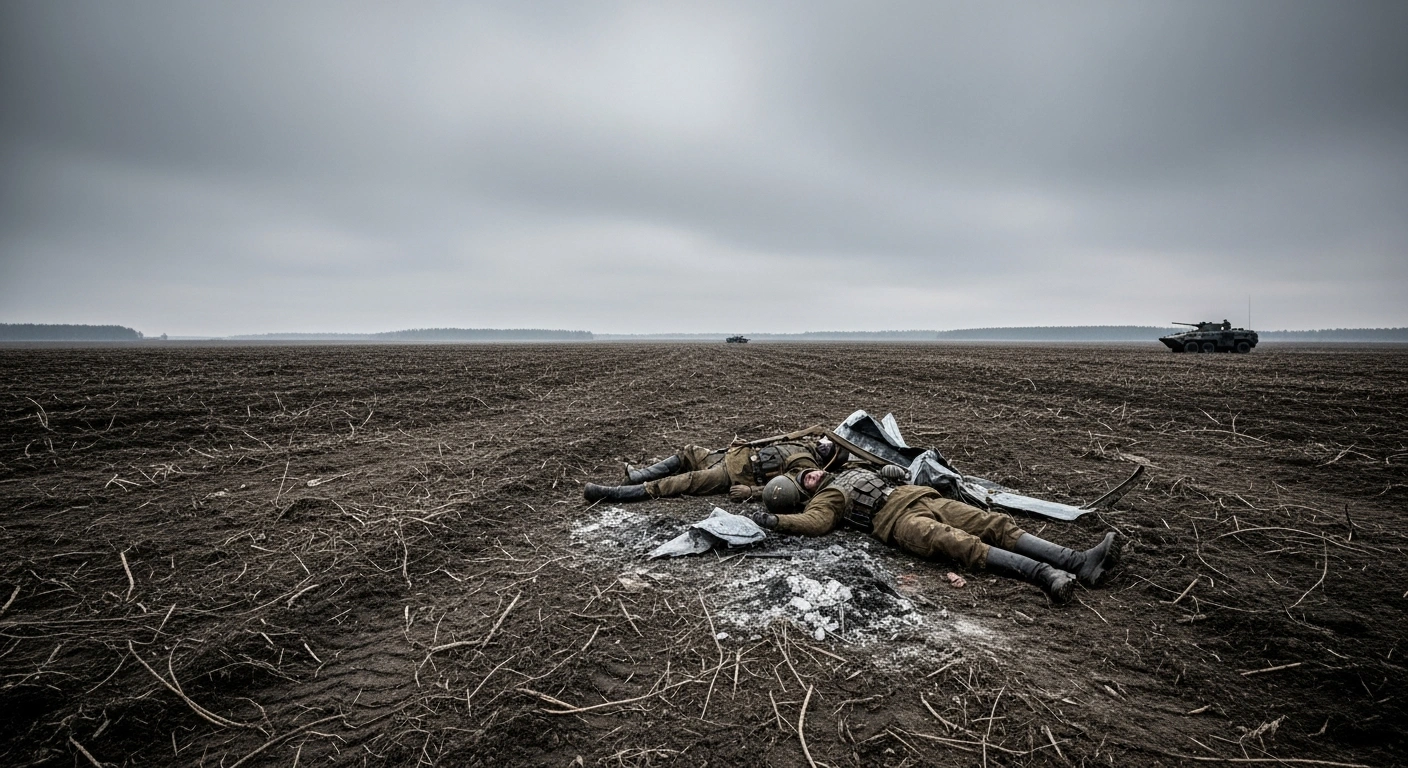 A somber, wide-angle view of a desolate, war-scarred field under an overcast sky, depicting two fallen Ukrainian Armed Forces soldiers, symbolizing the alleged execution by Russian troops near Zatyshshia, Zaporizhzhia Oblast, which has prompted a war crime investigation.