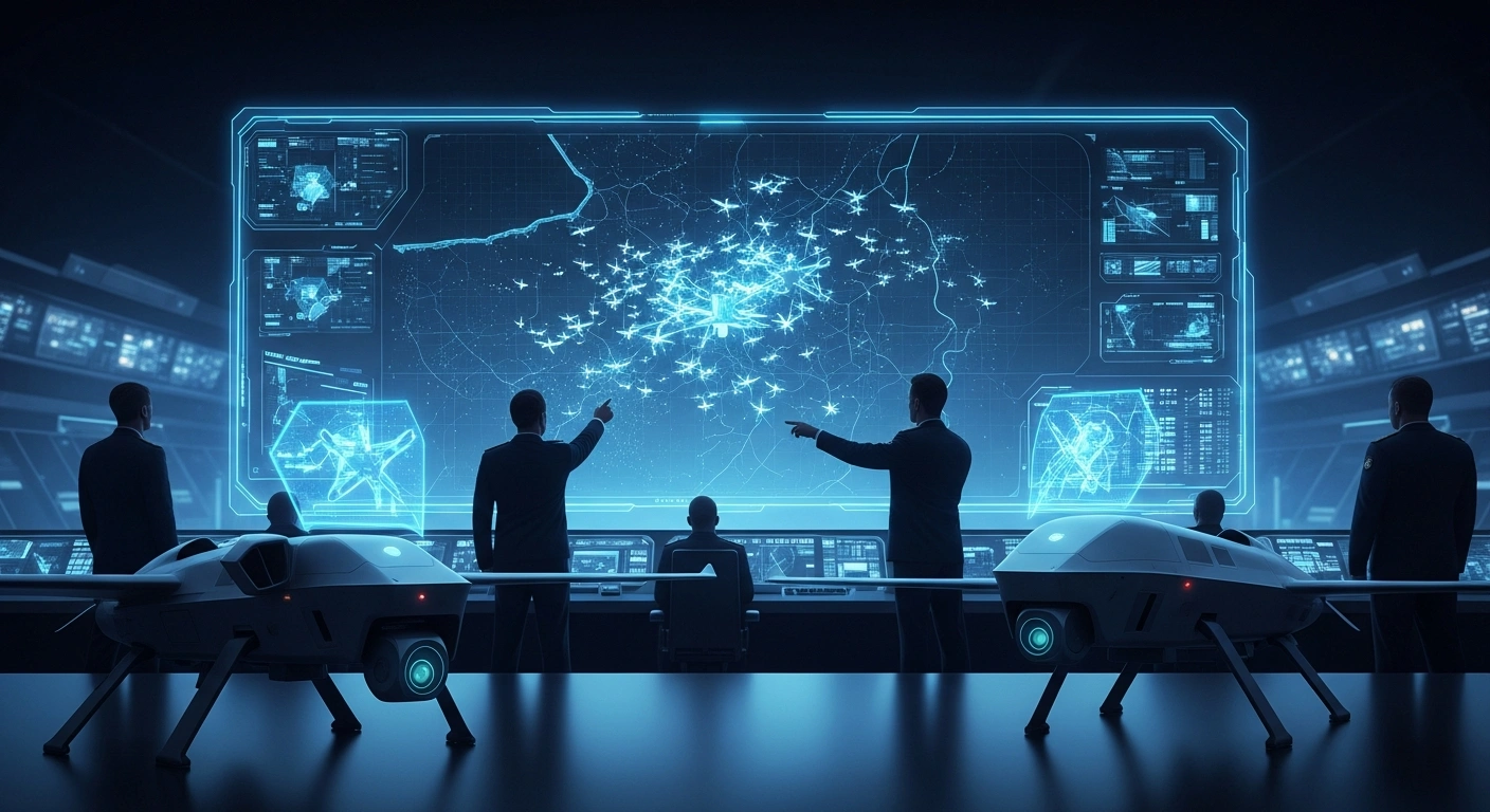 A futuristic Russian military command center features high-ranking officers observing holographic displays of drone swarm formations, symbolizing the newly established Unmanned Systems Forces and enhanced drone warfare capabilities.