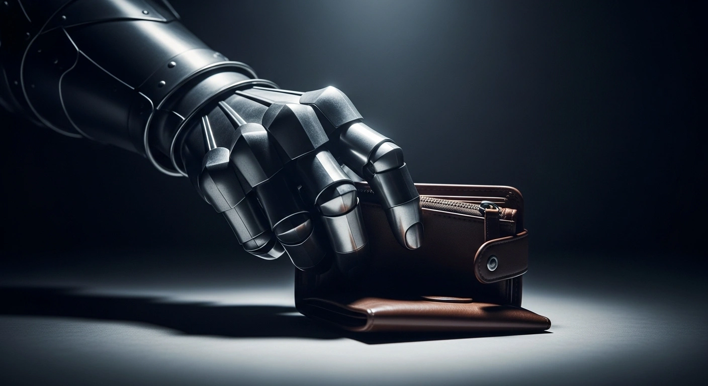 A powerful, armored hand reaches into a worn leather wallet, symbolizing Russia's Finance Ministry raising VAT to address a budget deficit and increased defense spending.