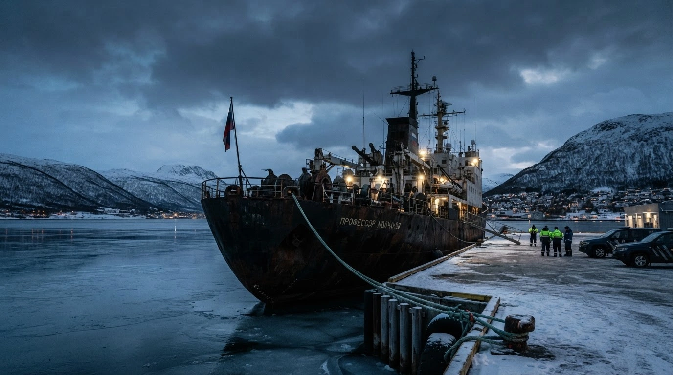 The Russian research vessel Professor Molchanov is docked in the harbor of Tromsø, Norway, after being detained by local authorities.