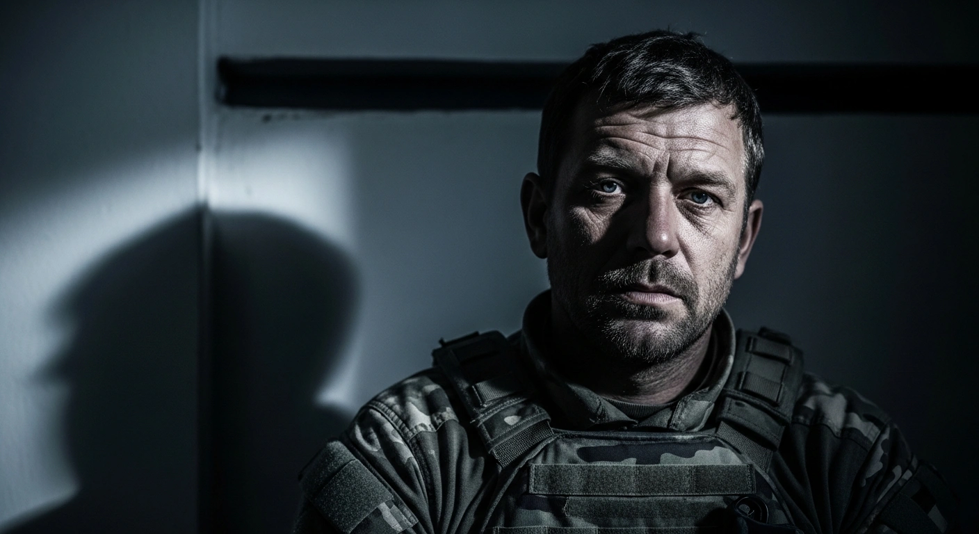 A weary former Russian volunteer fighter sits in a dimly lit room after speaking out about military abuses.