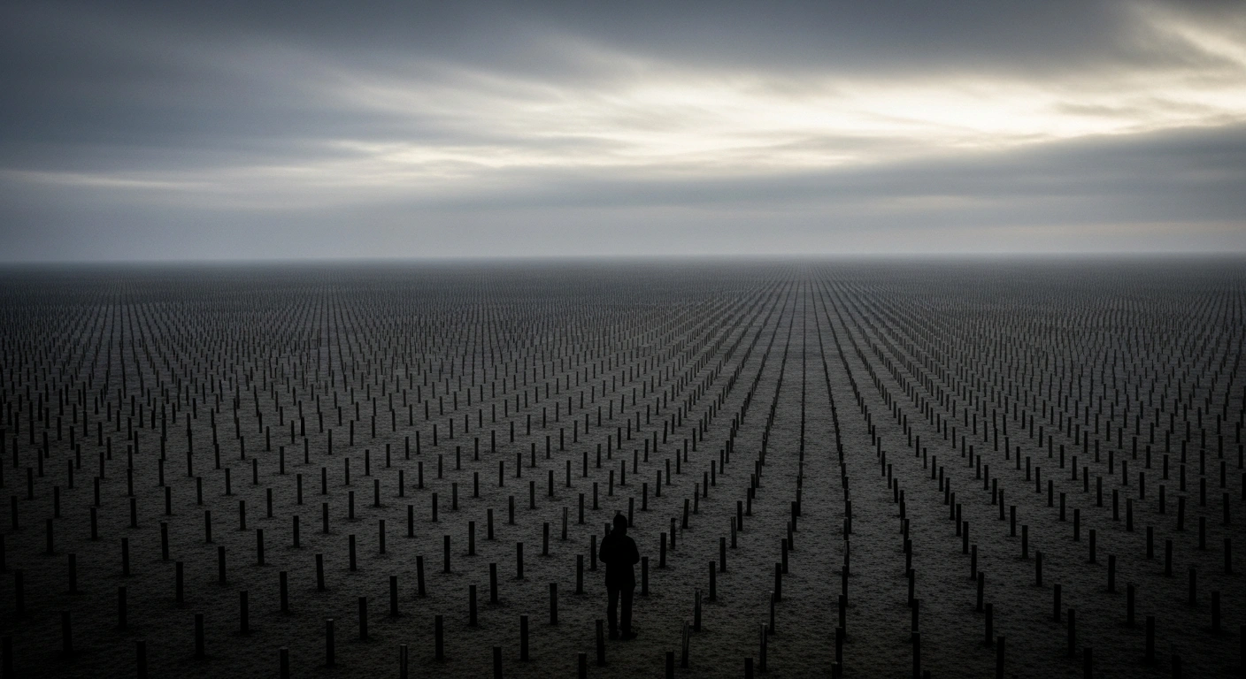 A wide, somber scene depicts a vast, desolate field filled with thousands of identical wooden markers stretching to the horizon under an overcast sky, symbolizing the reported 200,000 Russian military deaths in the Ukraine war.