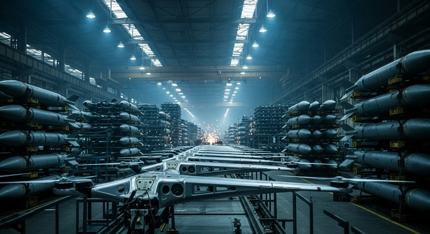 A dimly lit, vast factory floor shows partially assembled Shahed-type drones on a conveyor belt and towering stacks of guided aerial bombs, representing Russia's intensified military manufacturing of these weapons.