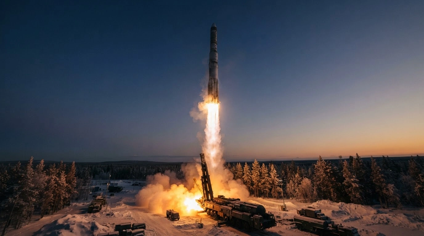 A Russian Yars intercontinental ballistic missile launches from a mobile system at the Plesetsk Cosmodrome during a strategic military exercise.