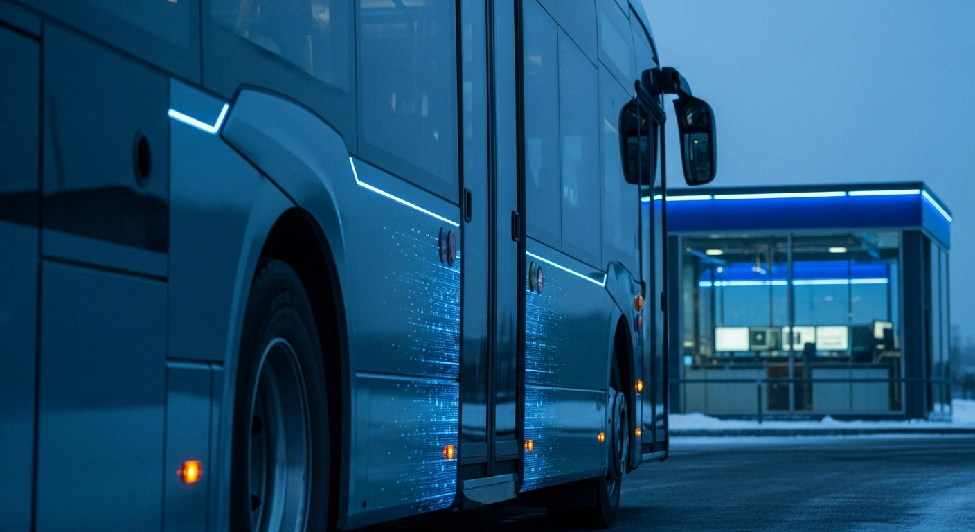 A sleek, modern electric bus, reflecting the cool light of a Norwegian winter morning, with a subtle digital glow hinting at remote access vulnerabilities, while a blurred, high-tech control room in the background symbolizes Ruter's enhanced cybersecurity measures against Yutong's potential remote control.