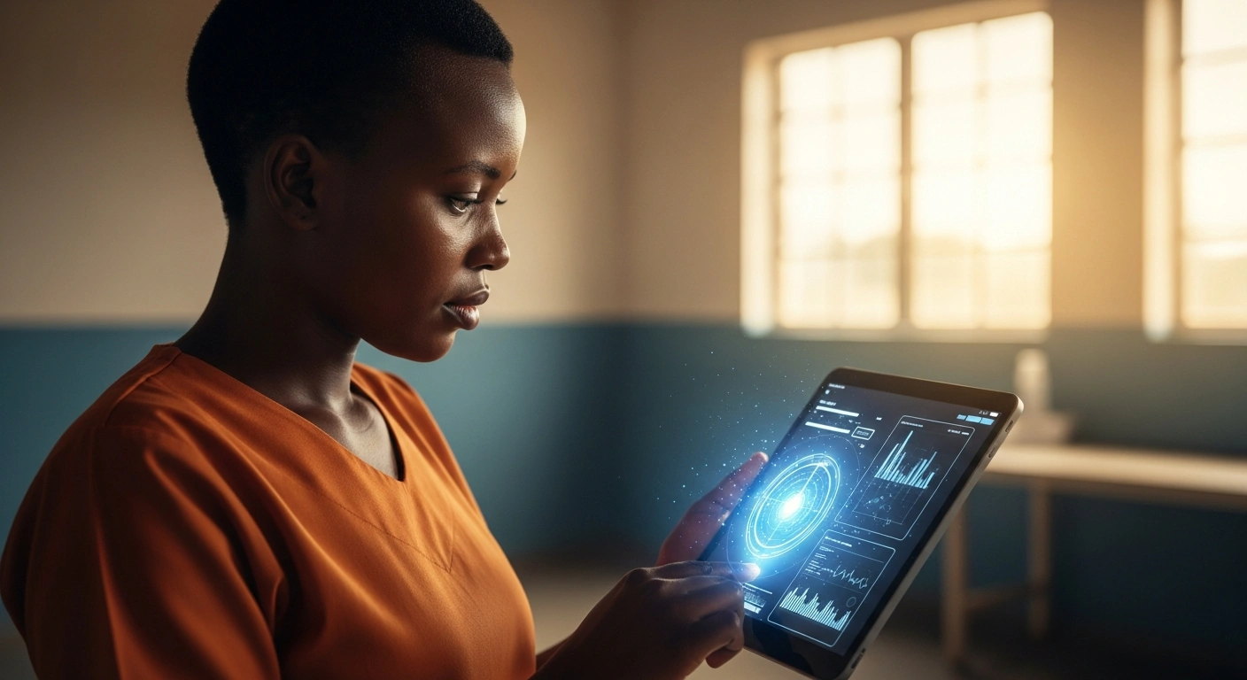 A Rwandan community health worker uses a tablet to access artificial intelligence tools to improve healthcare delivery in a modern clinic.