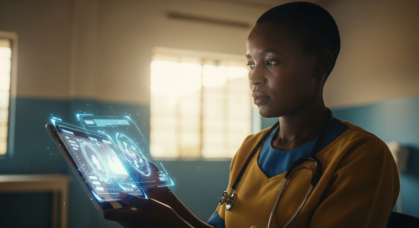 A Rwandan community health worker uses a tablet with artificial intelligence tools to improve healthcare service delivery in a modern clinic.