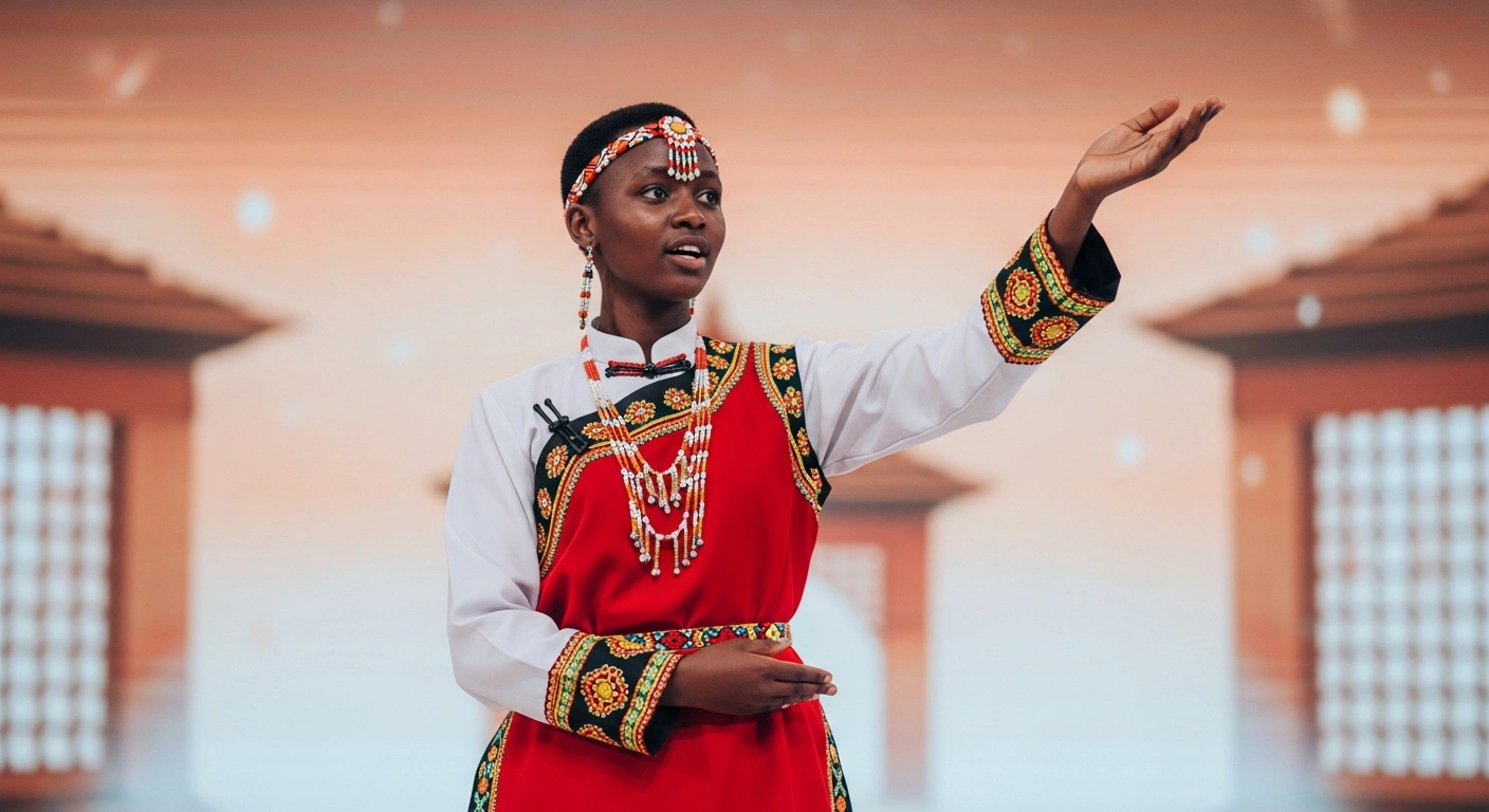 A Rwandan student performs on stage during the 2026 Chinese Bridge Chinese Proficiency Competition final in Kigali to celebrate educational ties between Rwanda and China.