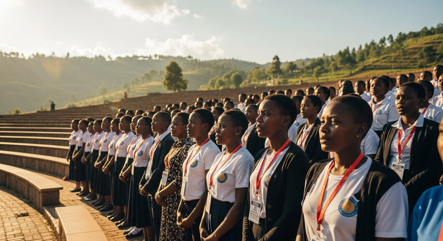 A large group of young Rwandans gathers outdoors for the 16th Indango civic education program to discuss national development and unity.