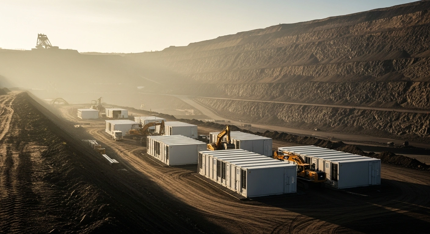 Construction workers and heavy machinery install a large-scale battery energy storage system at the RWE Hambach open-cast mine in Germany.