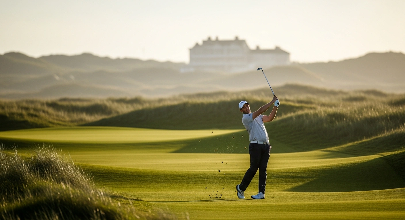 Professional golfer Ryan Fox follows through on a swing during a historic record-tying round at the 2026 British Open at Royal Birkdale.