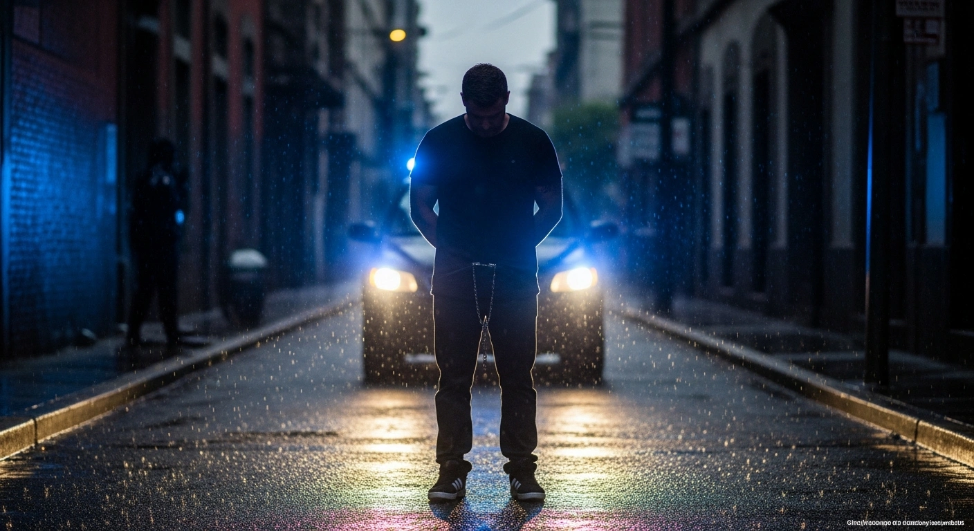 A man, identified as former Canadian Olympic snowboarder Ryan Wedding, stands handcuffed in a dimly lit, rain-slicked alleyway in Mexico City at pre-dawn, illuminated by police vehicle headlights, symbolizing his surrender and transfer into U.S. custody for federal charges.