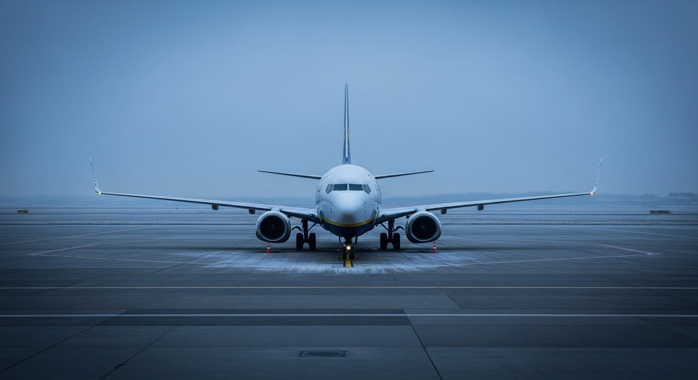 A solitary blue and yellow Ryanair aircraft sits on a cold, desolate airport tarmac at dawn, symbolizing the airline's decision to cut one million seats, remove five aircraft, and cancel 20 routes from its Belgian operations for the winter 2026/2027 season due to increased taxes and diminished competitiveness.